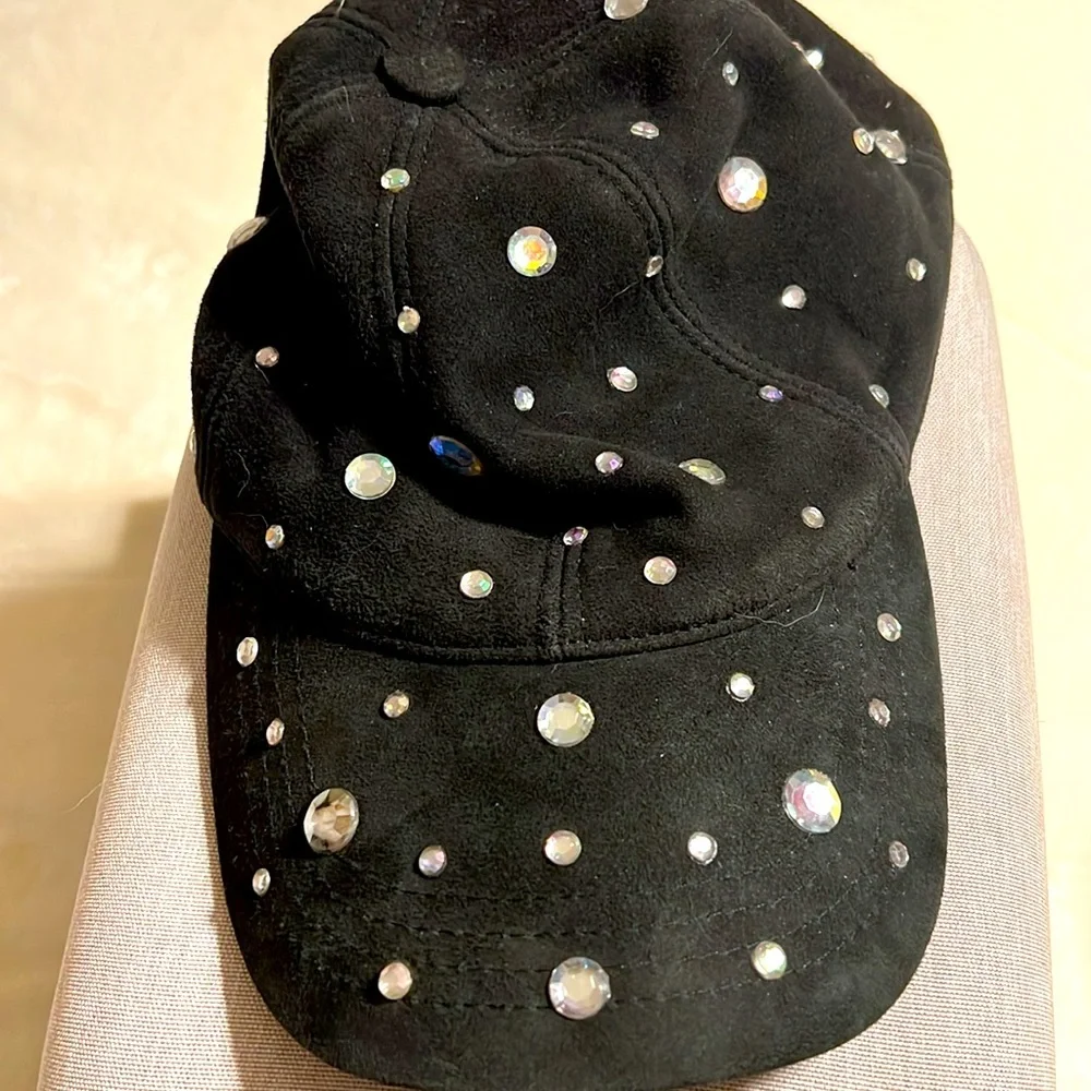 Black Suede Rhinestone Studded Baseball Cap. NWOT. One size fits all. Leather.